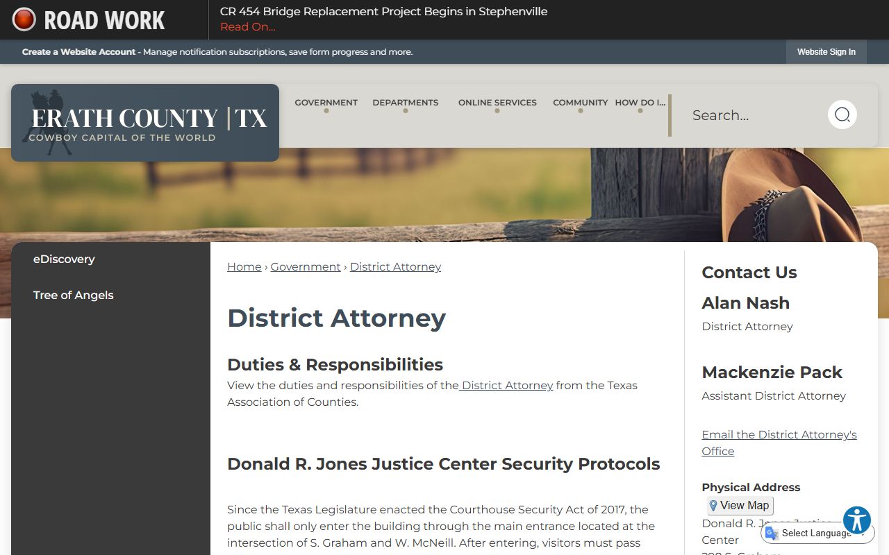 Erath County court records after jail arrest District Attorney page